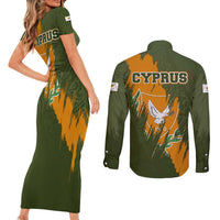 Cyprus Couples Matching Short Sleeve Bodycon Dress and Long Sleeve Button Shirt with Green Orange Brushstroke Design and National Emblem - Wonder Print Shop