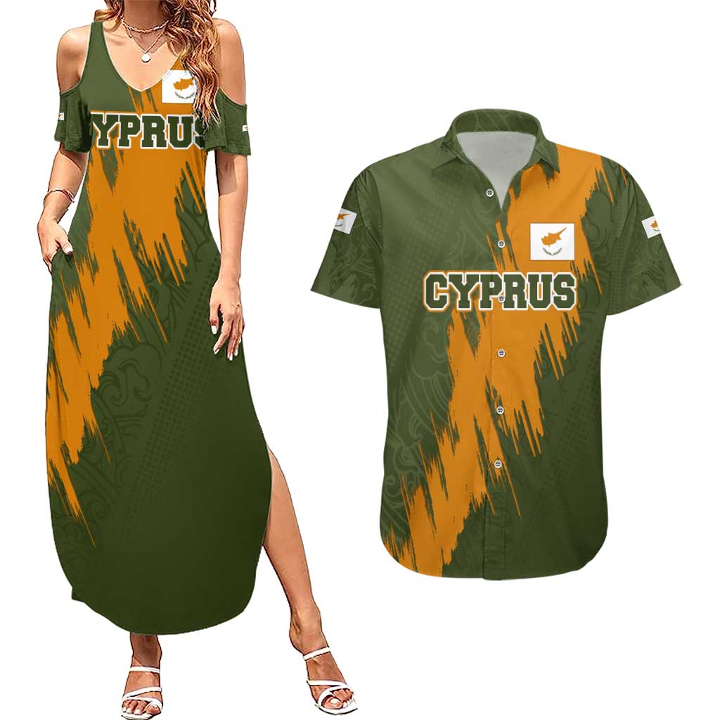 Cyprus Couples Matching Summer Maxi Dress and Hawaiian Shirt with Green Orange Brushstroke Design and National Emblem - Wonder Print Shop