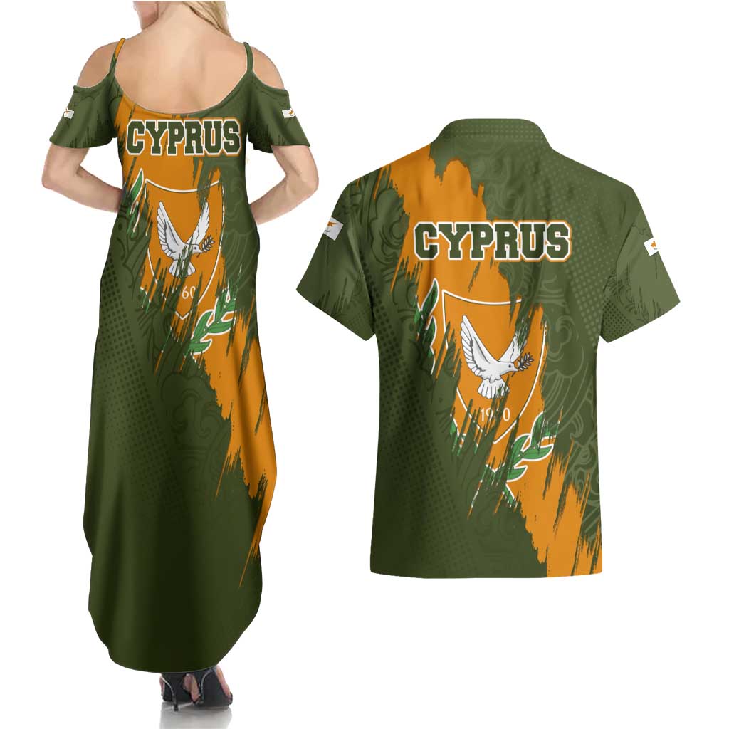 Cyprus Couples Matching Summer Maxi Dress and Hawaiian Shirt with Green Orange Brushstroke Design and National Emblem - Wonder Print Shop
