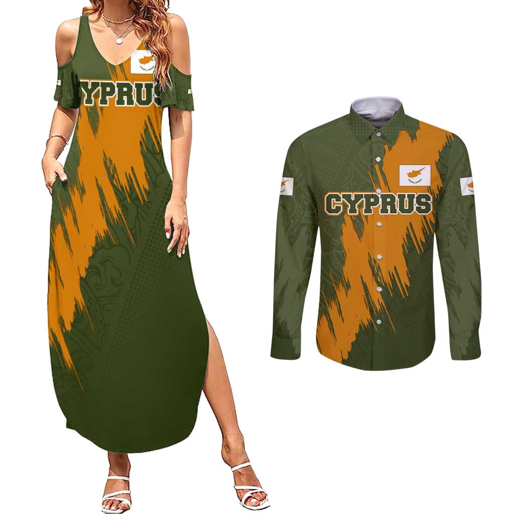 Cyprus Couples Matching Summer Maxi Dress and Long Sleeve Button Shirt with Green Orange Brushstroke Design and National Emblem - Wonder Print Shop