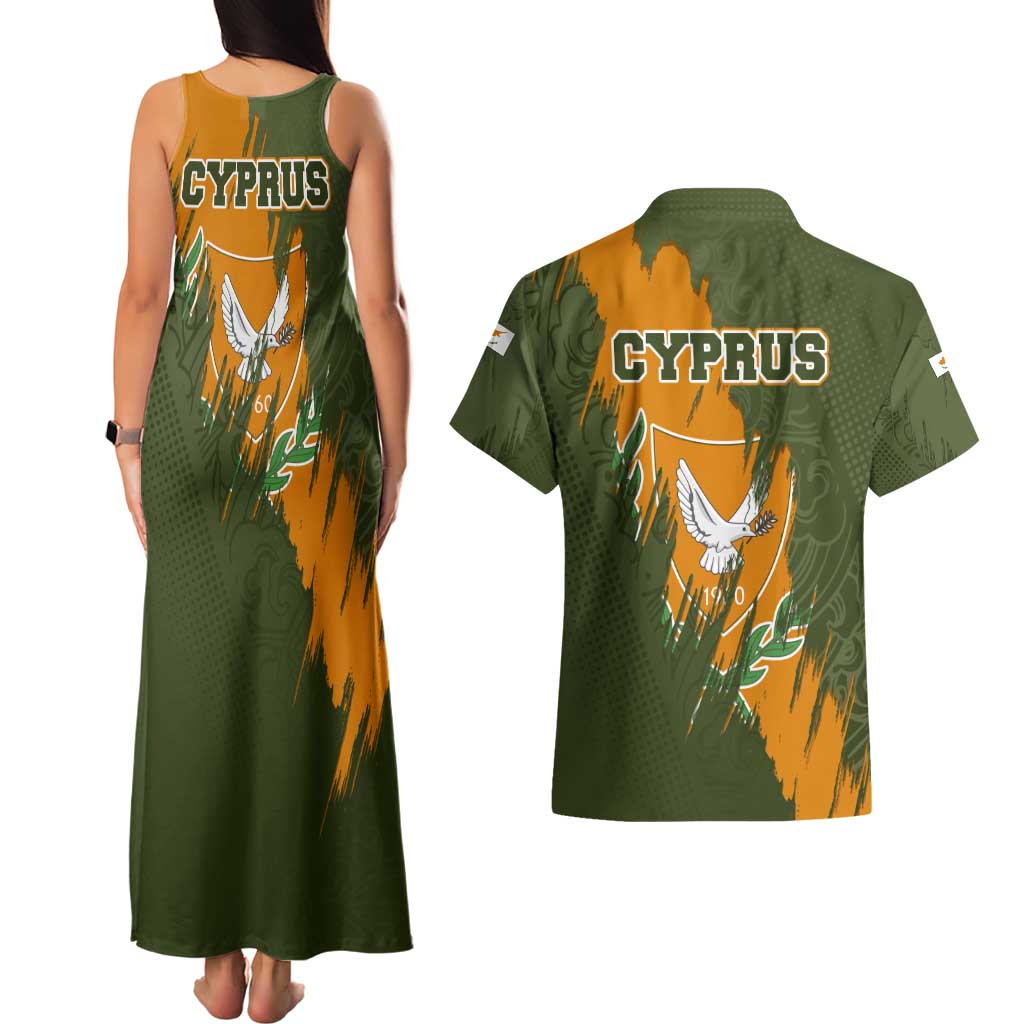 Cyprus Couples Matching Tank Maxi Dress and Hawaiian Shirt with Green Orange Brushstroke Design and National Emblem - Wonder Print Shop