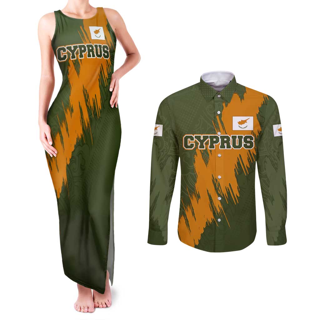 Cyprus Couples Matching Tank Maxi Dress and Long Sleeve Button Shirt with Green Orange Brushstroke Design and National Emblem - Wonder Print Shop