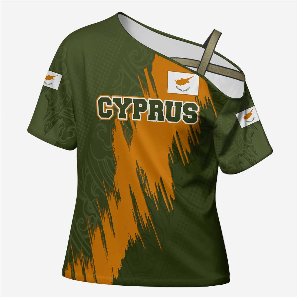 Cyprus Cross Shoulder Shirt with Green Orange Brushstroke Design and National Emblem - Wonder Print Shop