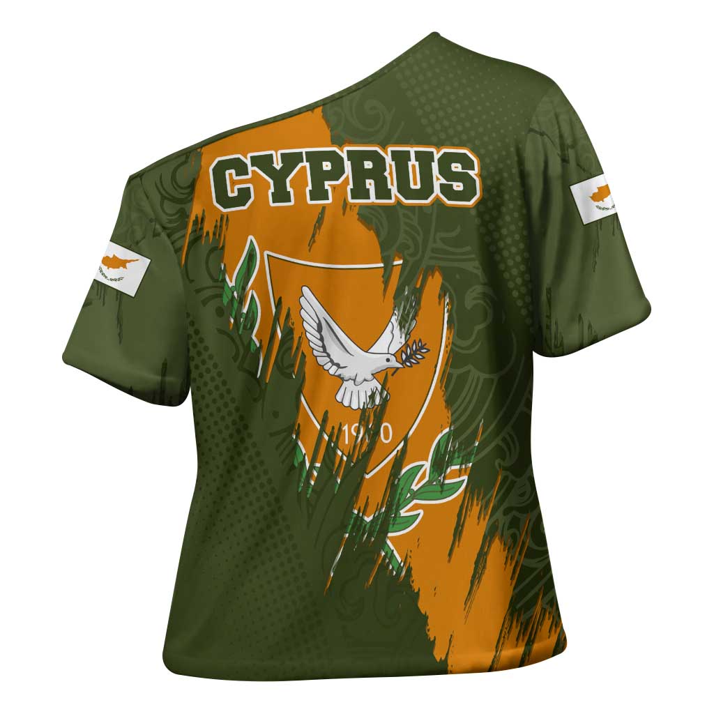 Cyprus Cross Shoulder Shirt with Green Orange Brushstroke Design and National Emblem - Wonder Print Shop