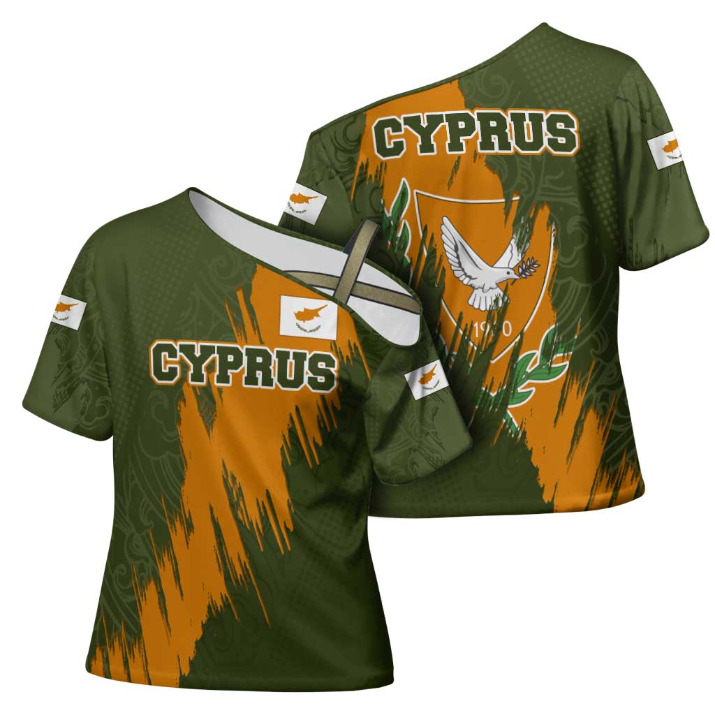 Cyprus Cross Shoulder Shirt with Green Orange Brushstroke Design and National Emblem - Wonder Print Shop