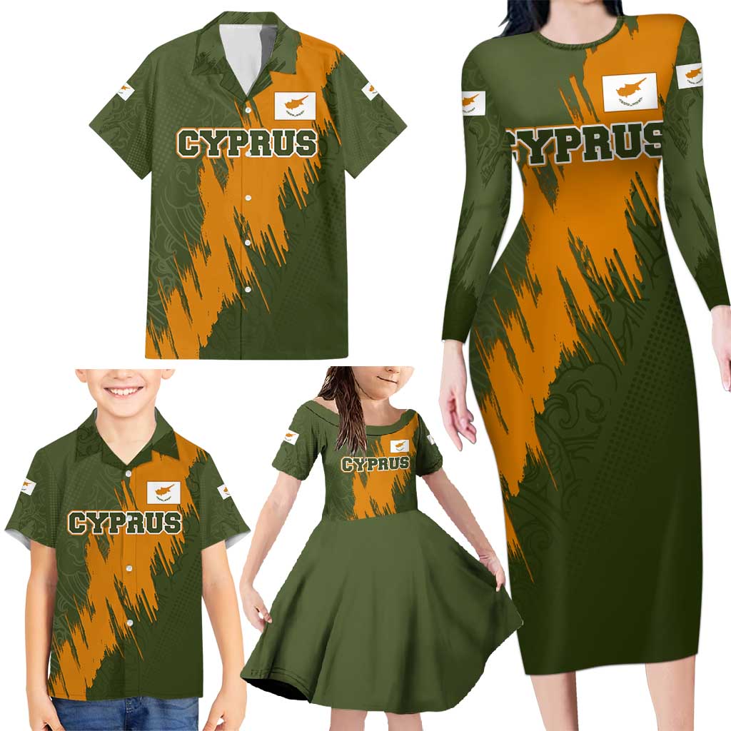Cyprus Family Matching Long Sleeve Bodycon Dress and Hawaiian Shirt with Green Orange Brushstroke Design and National Emblem - Wonder Print Shop