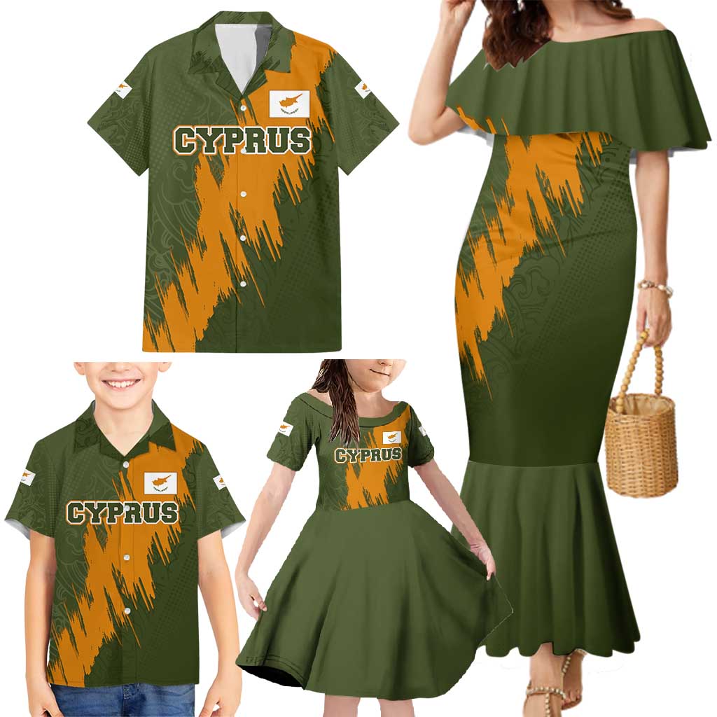 Cyprus Family Matching Mermaid Dress and Hawaiian Shirt with Green Orange Brushstroke Design and National Emblem - Wonder Print Shop
