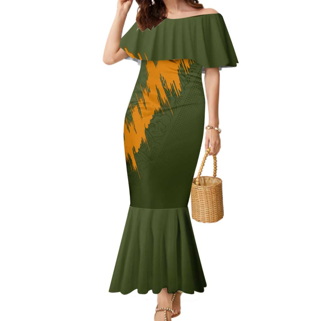 Cyprus Family Matching Mermaid Dress and Hawaiian Shirt with Green Orange Brushstroke Design and National Emblem - Wonder Print Shop