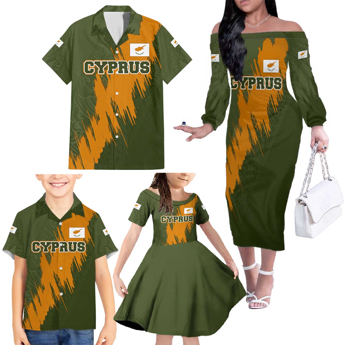 Cyprus Family Matching Off The Shoulder Long Sleeve Dress and Hawaiian Shirt with Green Orange Brushstroke Design and National Emblem - Wonder Print Shop