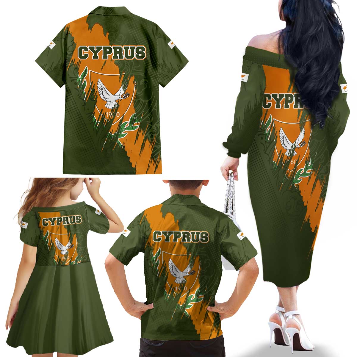 Cyprus Family Matching Off The Shoulder Long Sleeve Dress and Hawaiian Shirt with Green Orange Brushstroke Design and National Emblem - Wonder Print Shop