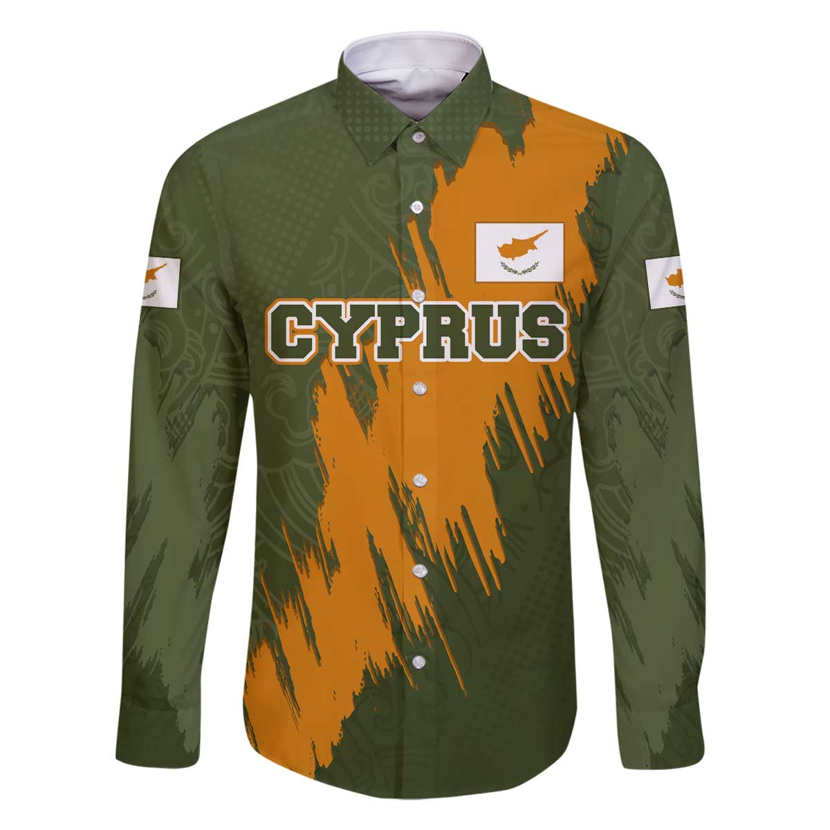 Cyprus Family Matching Off The Shoulder Long Sleeve Dress and Hawaiian Shirt with Green Orange Brushstroke Design and National Emblem - Wonder Print Shop