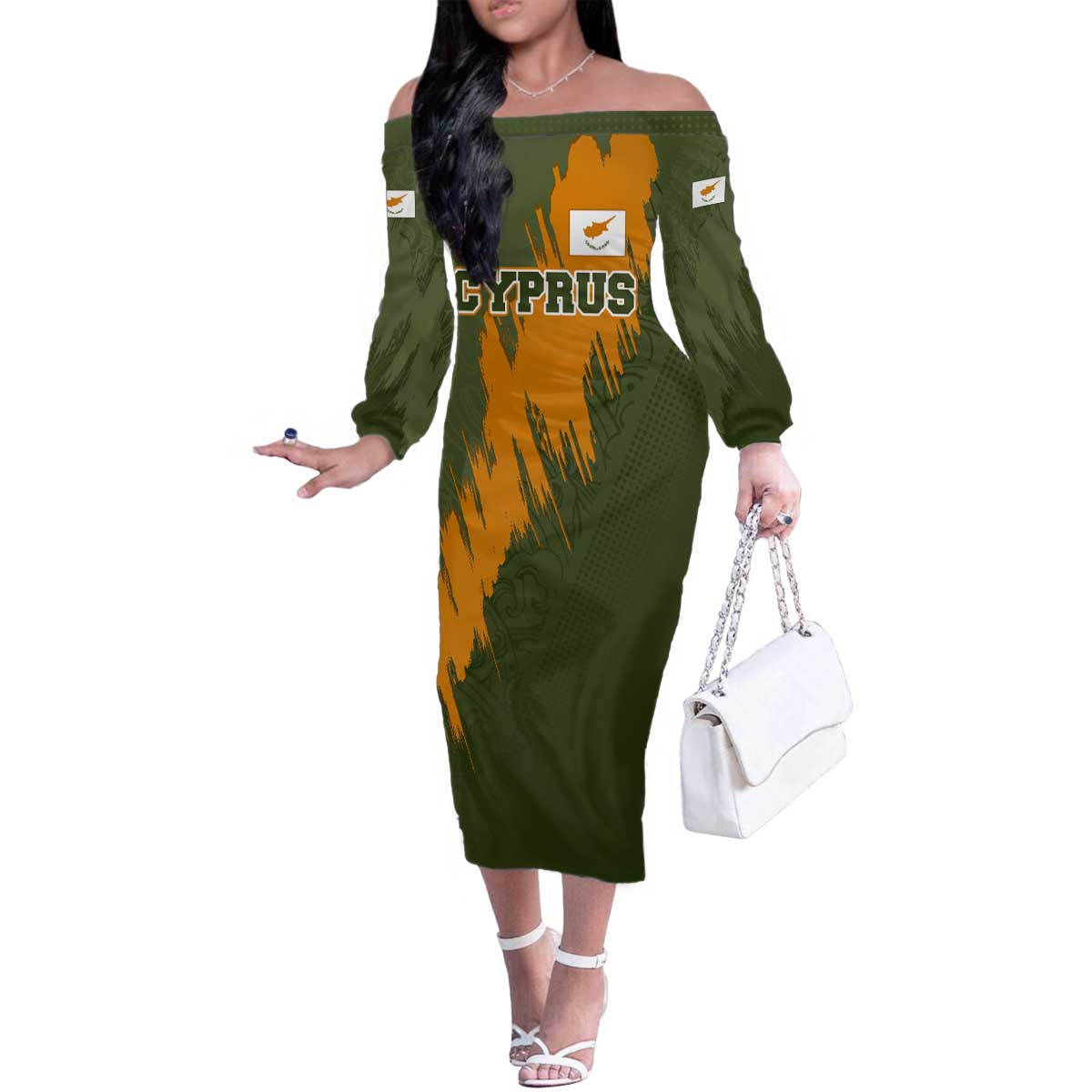 Cyprus Family Matching Off The Shoulder Long Sleeve Dress and Hawaiian Shirt with Green Orange Brushstroke Design and National Emblem - Wonder Print Shop