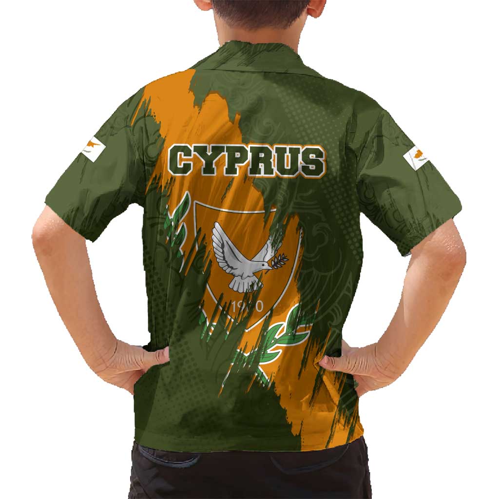 Cyprus Family Matching Off Shoulder Maxi Dress and Hawaiian Shirt with Green Orange Brushstroke Design and National Emblem - Wonder Print Shop