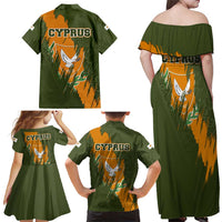 Cyprus Family Matching Off Shoulder Maxi Dress and Hawaiian Shirt with Green Orange Brushstroke Design and National Emblem - Wonder Print Shop