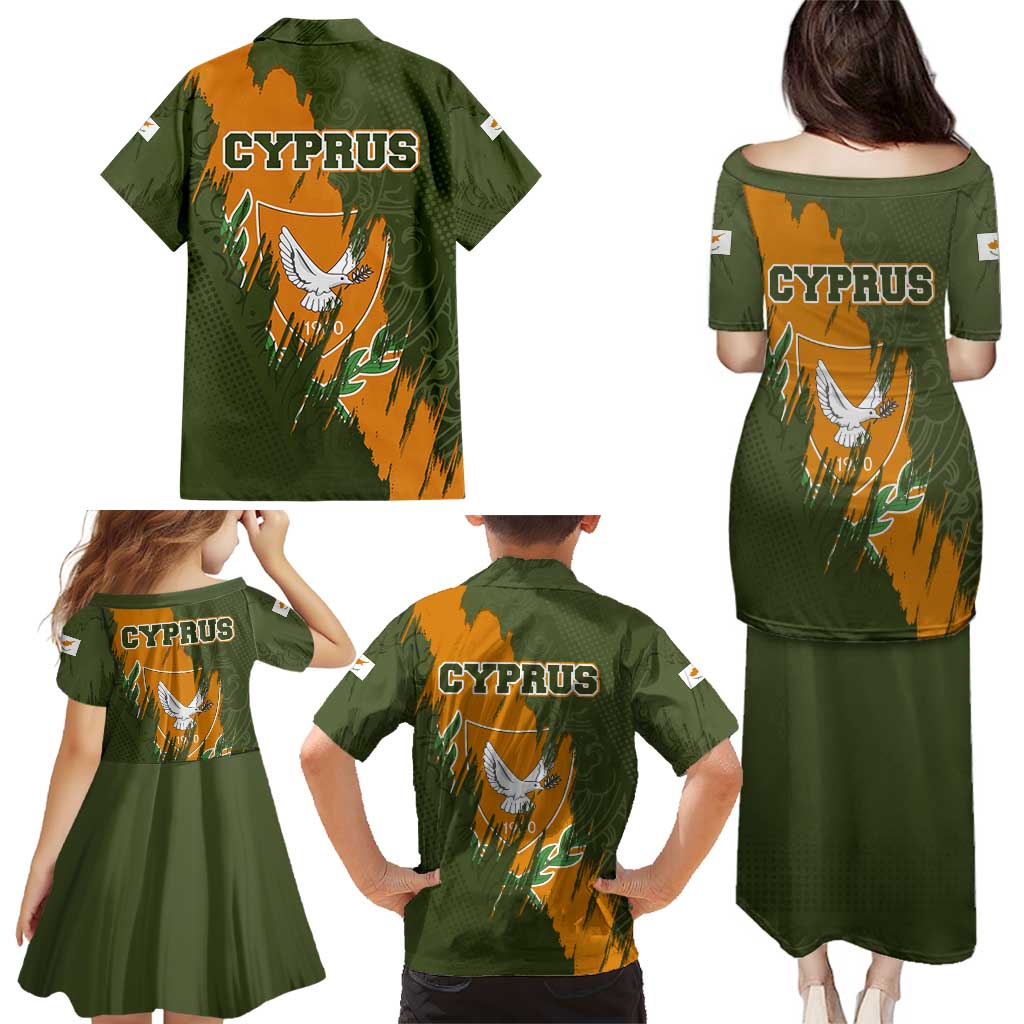 Cyprus Family Matching Puletasi and Hawaiian Shirt with Green Orange Brushstroke Design and National Emblem - Wonder Print Shop