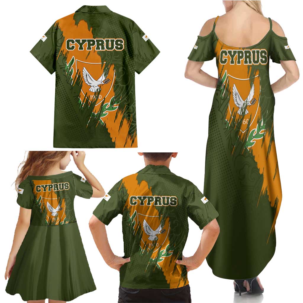 Cyprus Family Matching Summer Maxi Dress and Hawaiian Shirt with Green Orange Brushstroke Design and National Emblem - Wonder Print Shop