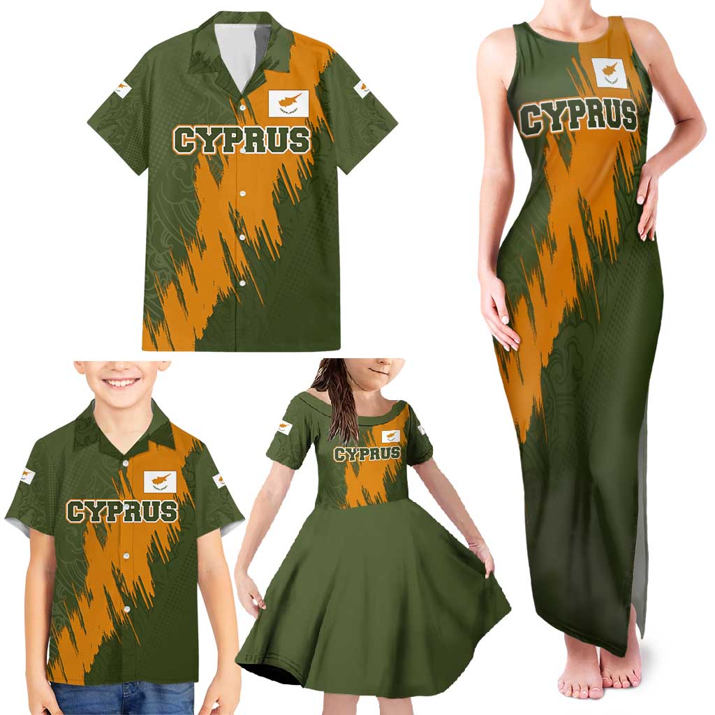 Cyprus Family Matching Tank Maxi Dress and Hawaiian Shirt with Green Orange Brushstroke Design and National Emblem - Wonder Print Shop