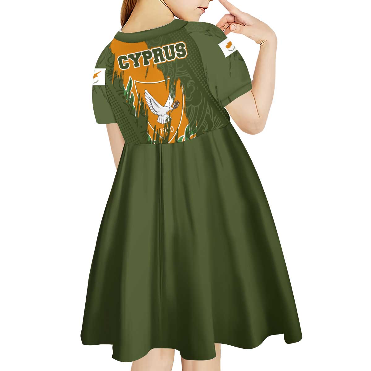 Cyprus Kid Short Sleeve Dress with Green Orange Brushstroke Design and National Emblem - Wonder Print Shop