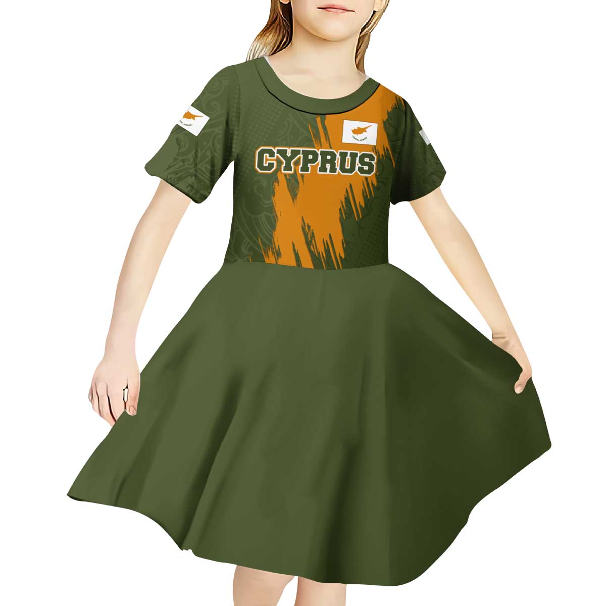 Cyprus Kid Short Sleeve Dress with Green Orange Brushstroke Design and National Emblem - Wonder Print Shop