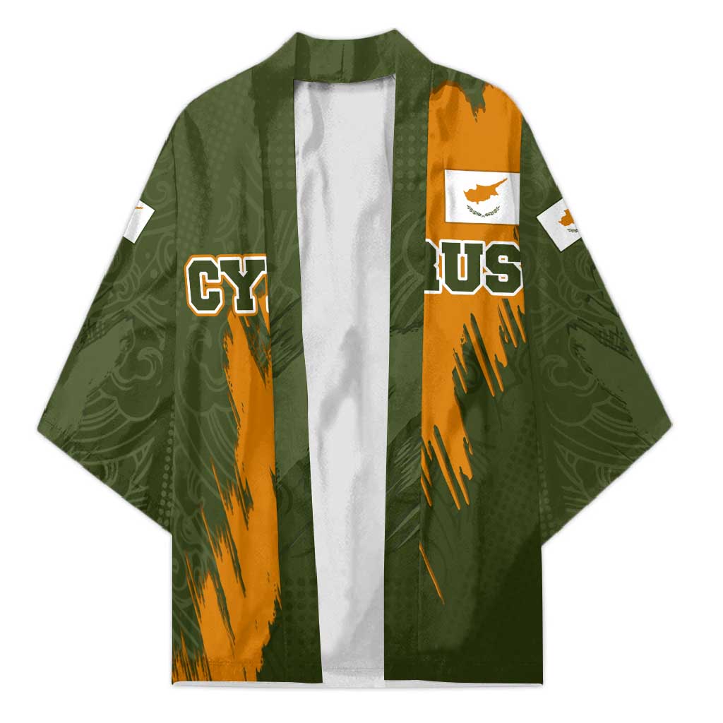 Cyprus Kimono with Green Orange Brushstroke Design and National Emblem - Wonder Print Shop