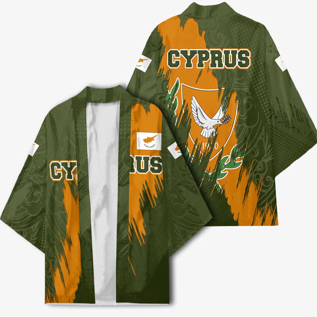 Cyprus Kimono with Green Orange Brushstroke Design and National Emblem - Wonder Print Shop
