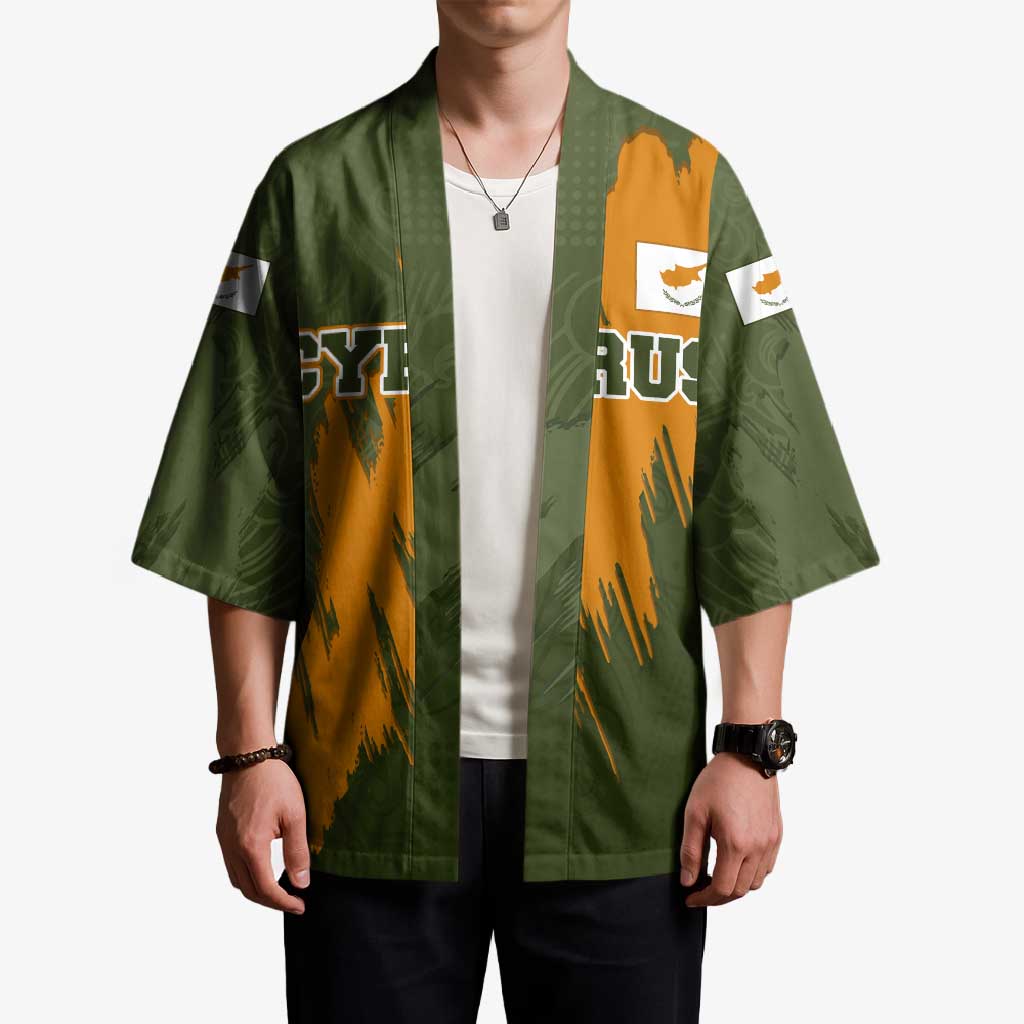 Cyprus Kimono with Green Orange Brushstroke Design and National Emblem - Wonder Print Shop