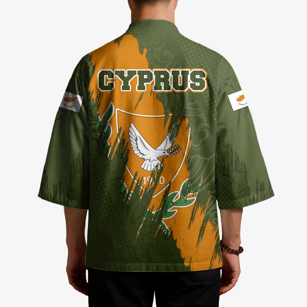Cyprus Kimono with Green Orange Brushstroke Design and National Emblem - Wonder Print Shop