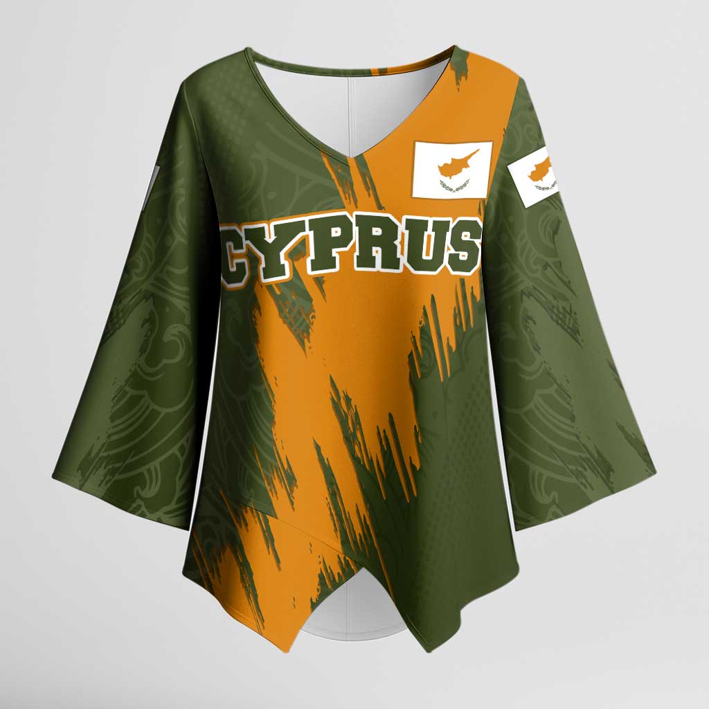 Cyprus Kimono Sleeve Blouse with Green Orange Brushstroke Design and National Emblem - Wonder Print Shop