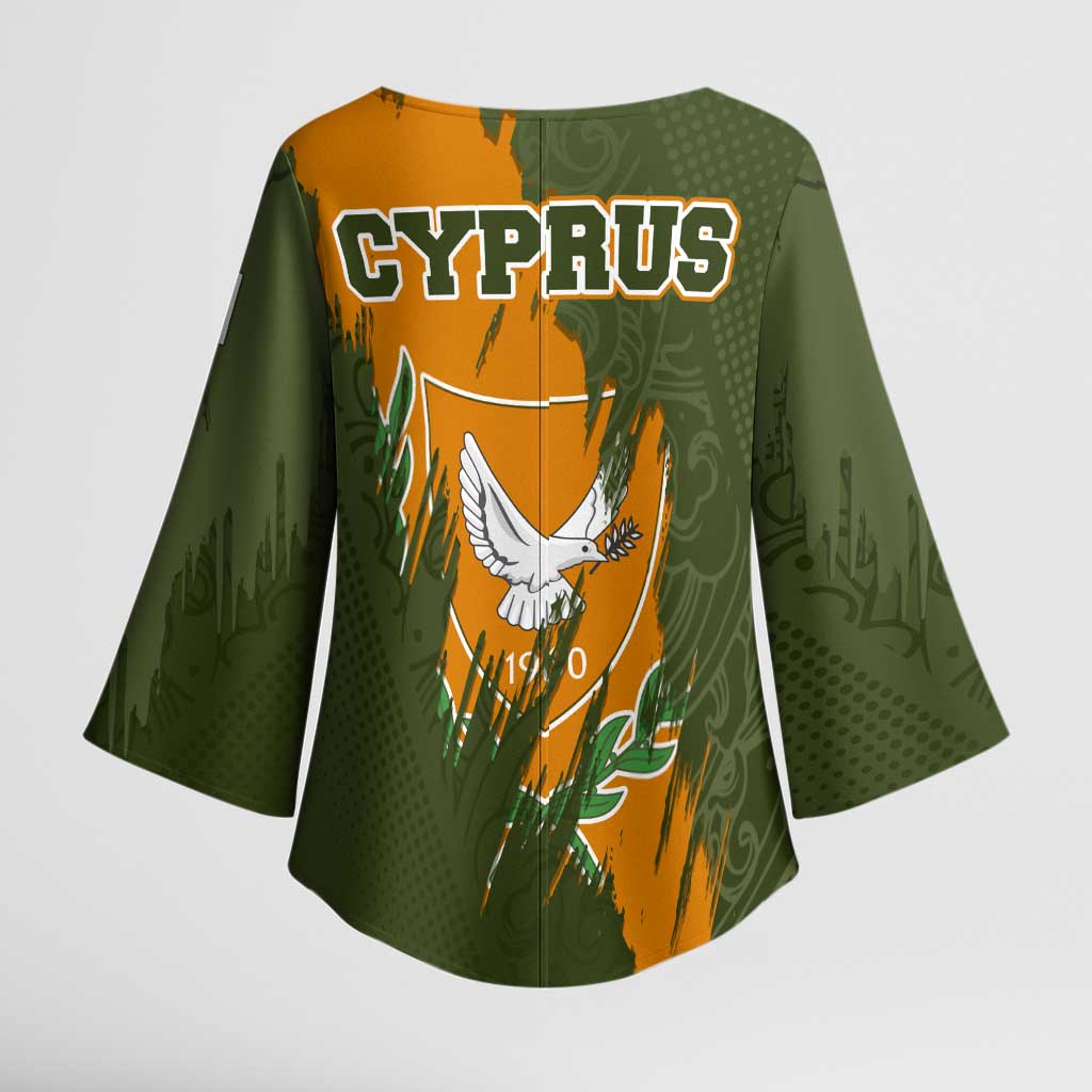 Cyprus Kimono Sleeve Blouse with Green Orange Brushstroke Design and National Emblem - Wonder Print Shop