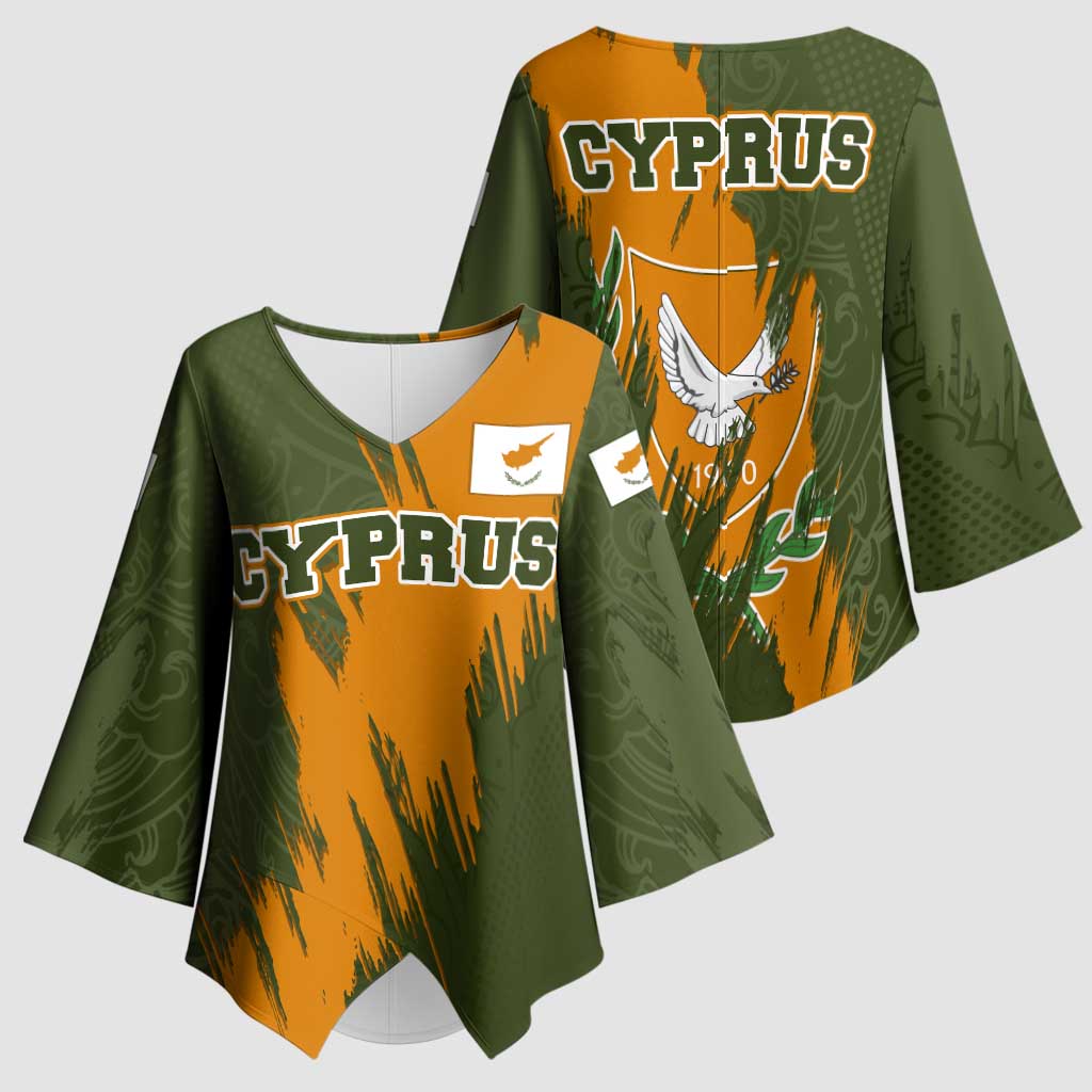 Cyprus Kimono Sleeve Blouse with Green Orange Brushstroke Design and National Emblem - Wonder Print Shop
