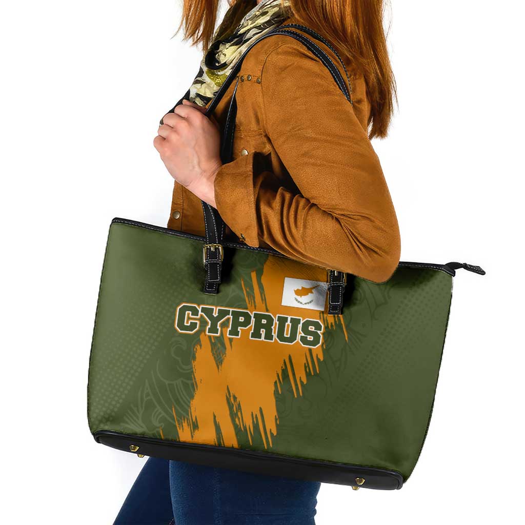 Cyprus Leather Tote Bag with Green Orange Brushstroke Design and National Emblem - Wonder Print Shop