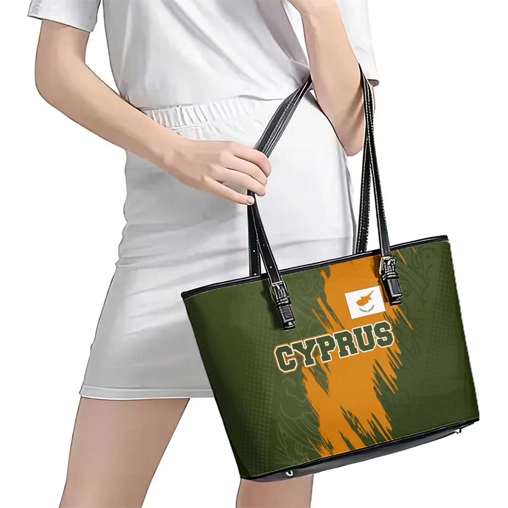 Cyprus Leather Tote Bag with Green Orange Brushstroke Design and National Emblem - Wonder Print Shop