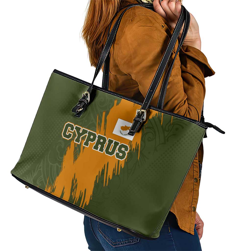 Cyprus Leather Tote Bag with Green Orange Brushstroke Design and National Emblem - Wonder Print Shop
