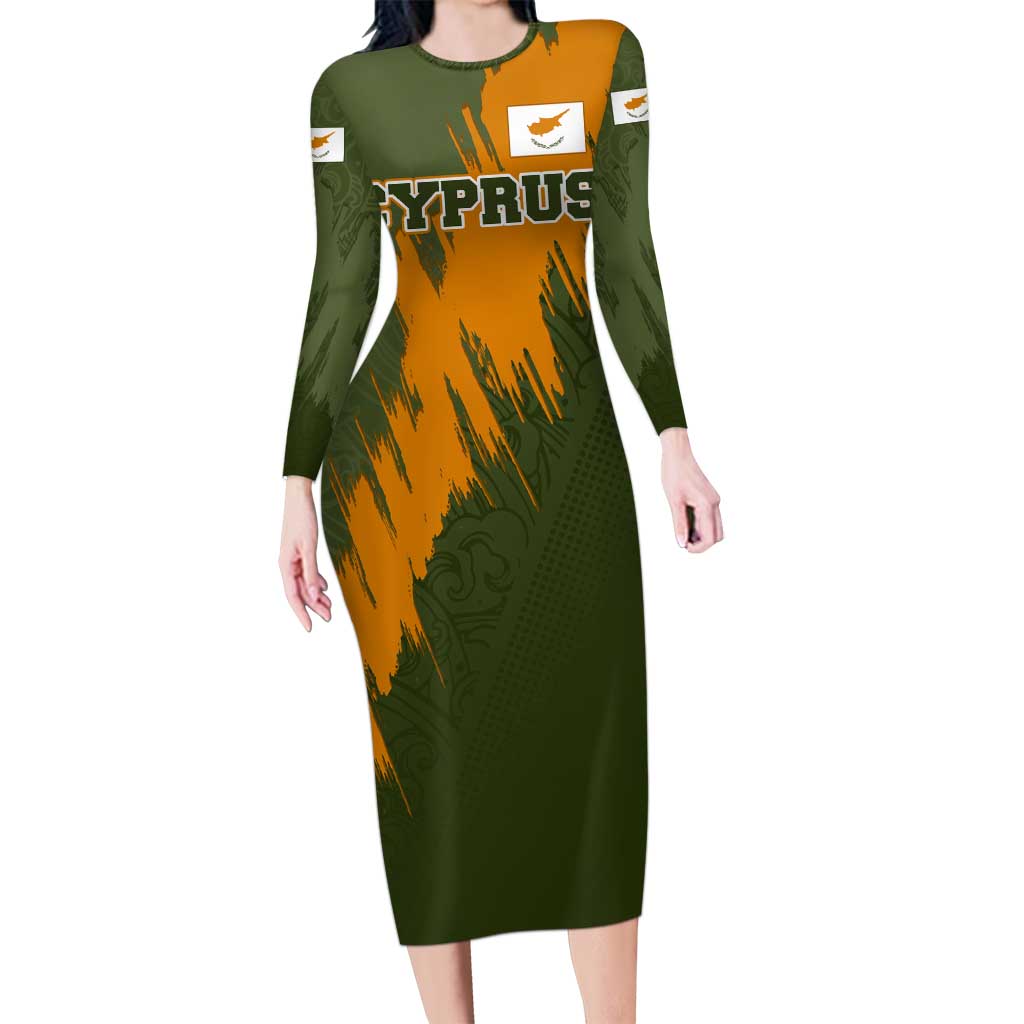 Cyprus Long Sleeve Bodycon Dress with Green Orange Brushstroke Design and National Emblem - Wonder Print Shop