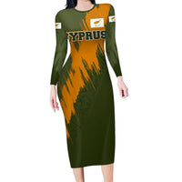 Cyprus Long Sleeve Bodycon Dress with Green Orange Brushstroke Design and National Emblem - Wonder Print Shop
