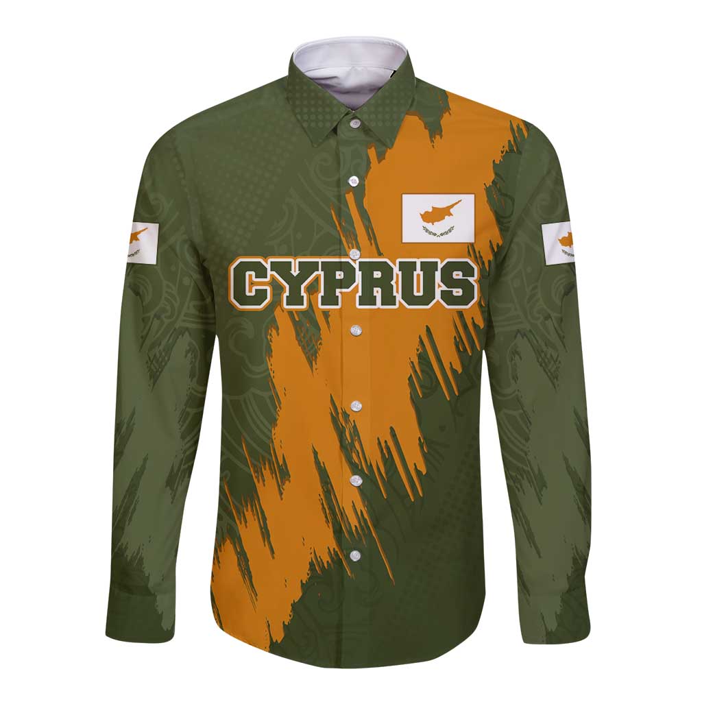 Cyprus Long Sleeve Button Shirt with Green Orange Brushstroke Design and National Emblem - Wonder Print Shop