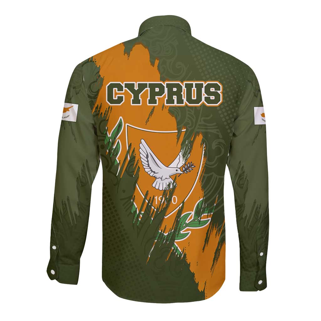 Cyprus Long Sleeve Button Shirt with Green Orange Brushstroke Design and National Emblem - Wonder Print Shop