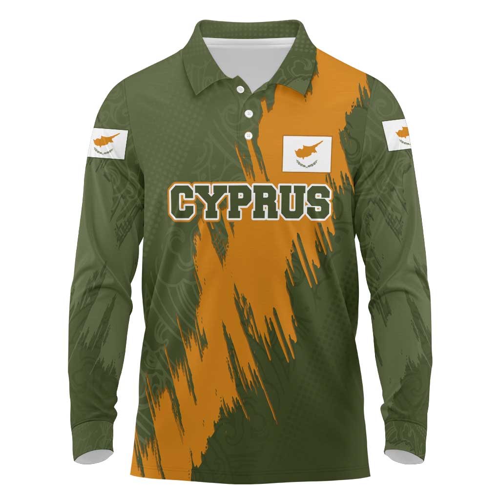 Cyprus Long Sleeve Polo Shirt with Green Orange Brushstroke Design and National Emblem - Wonder Print Shop