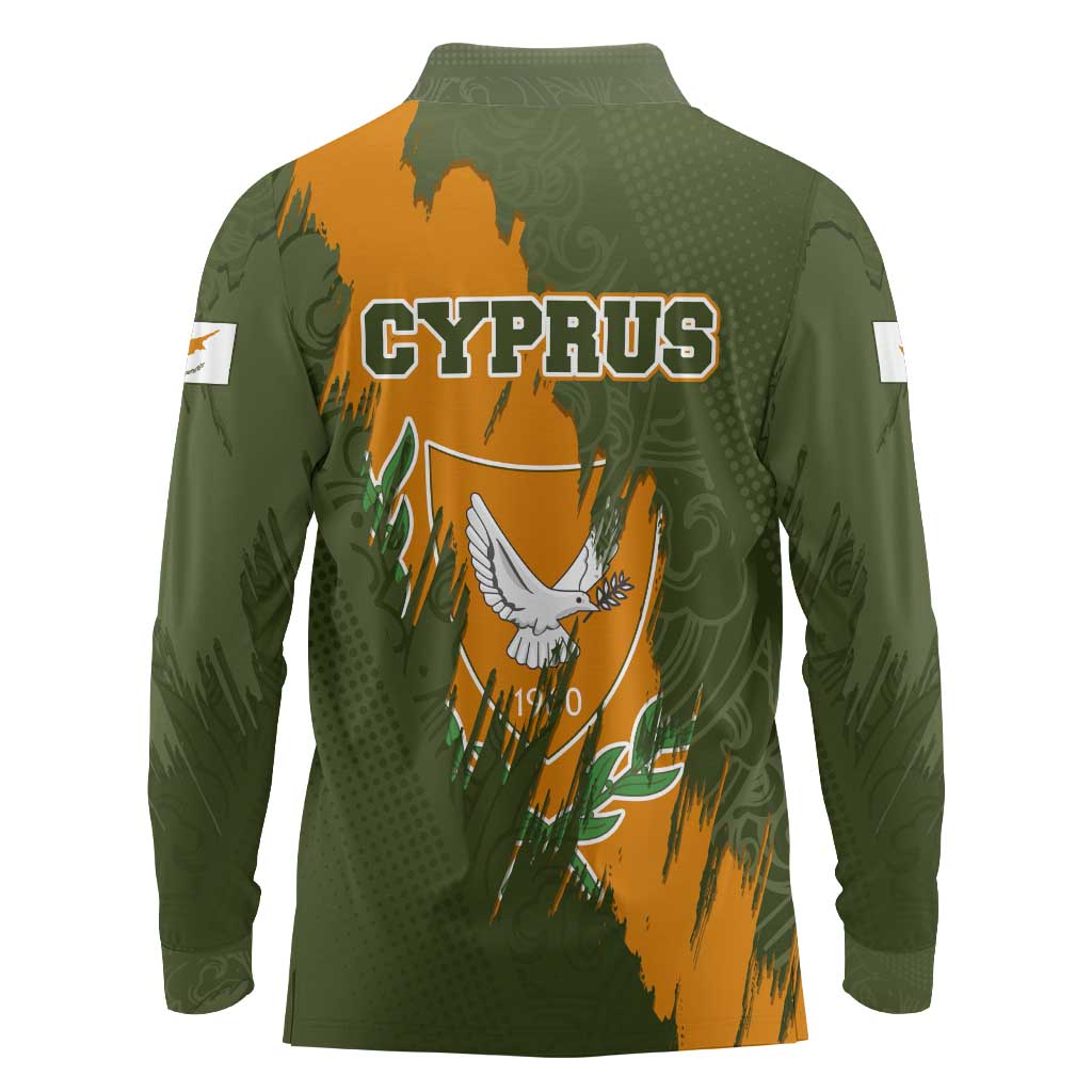 Cyprus Long Sleeve Polo Shirt with Green Orange Brushstroke Design and National Emblem - Wonder Print Shop