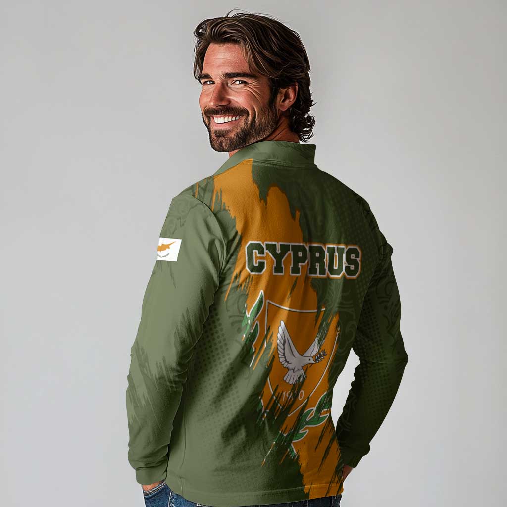 Cyprus Long Sleeve Polo Shirt with Green Orange Brushstroke Design and National Emblem - Wonder Print Shop