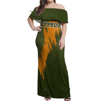 Cyprus Off Shoulder Maxi Dress with Green Orange Brushstroke Design and National Emblem - Wonder Print Shop