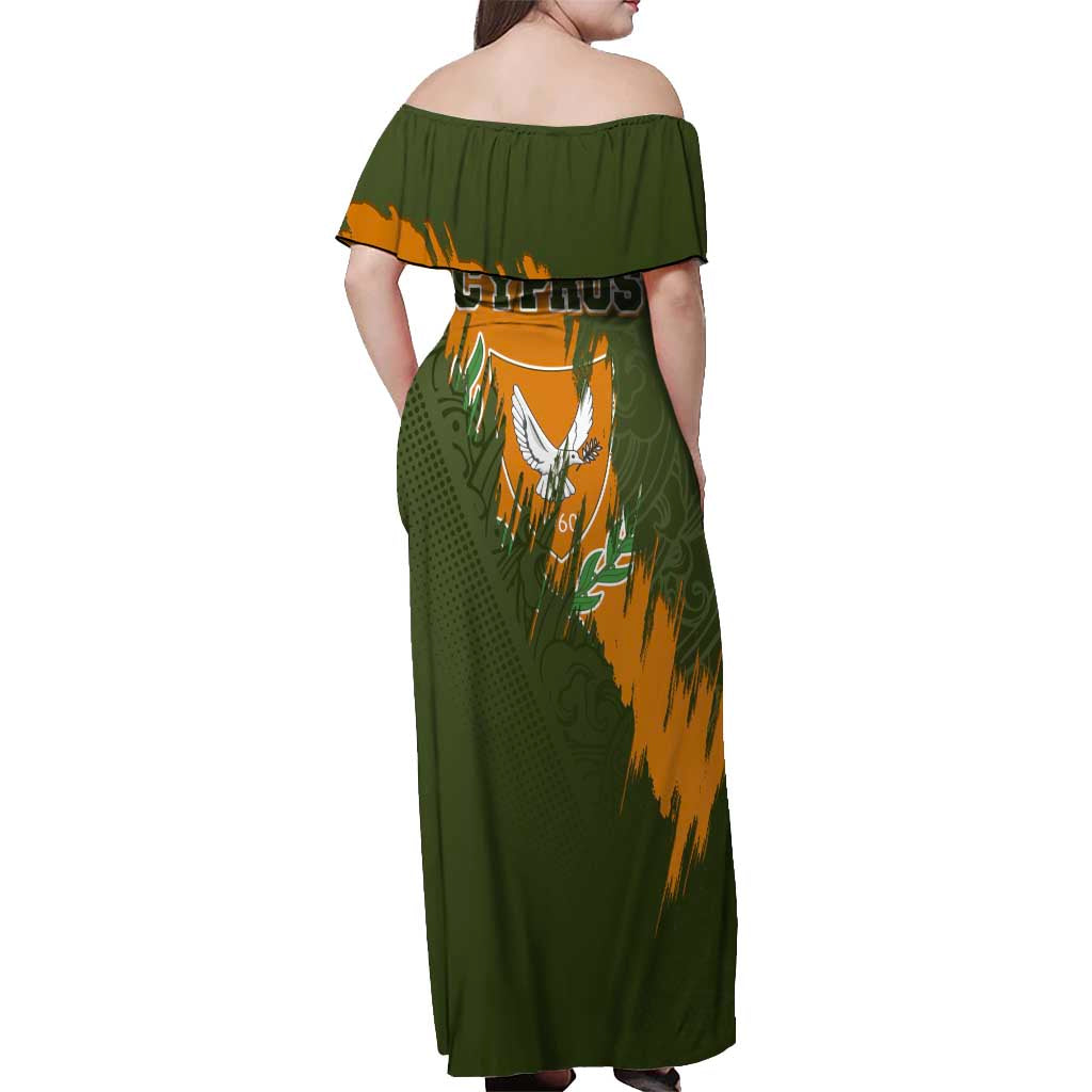 Cyprus Off Shoulder Maxi Dress with Green Orange Brushstroke Design and National Emblem - Wonder Print Shop