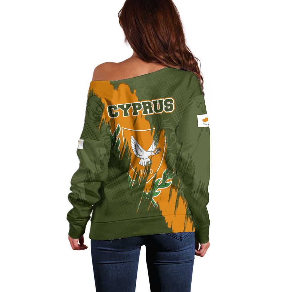 Cyprus Off Shoulder Sweater with Green Orange Brushstroke Design and National Emblem - Wonder Print Shop