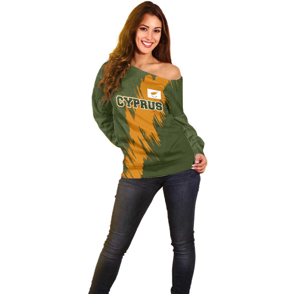 Cyprus Off Shoulder Sweater with Green Orange Brushstroke Design and National Emblem - Wonder Print Shop