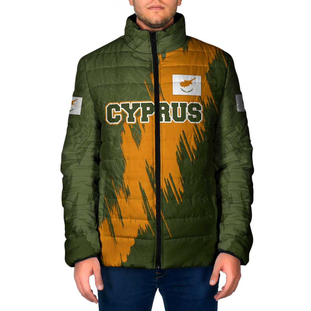 Cyprus Padded Jacket with Green Orange Brushstroke Design and National Emblem - Wonder Print Shop