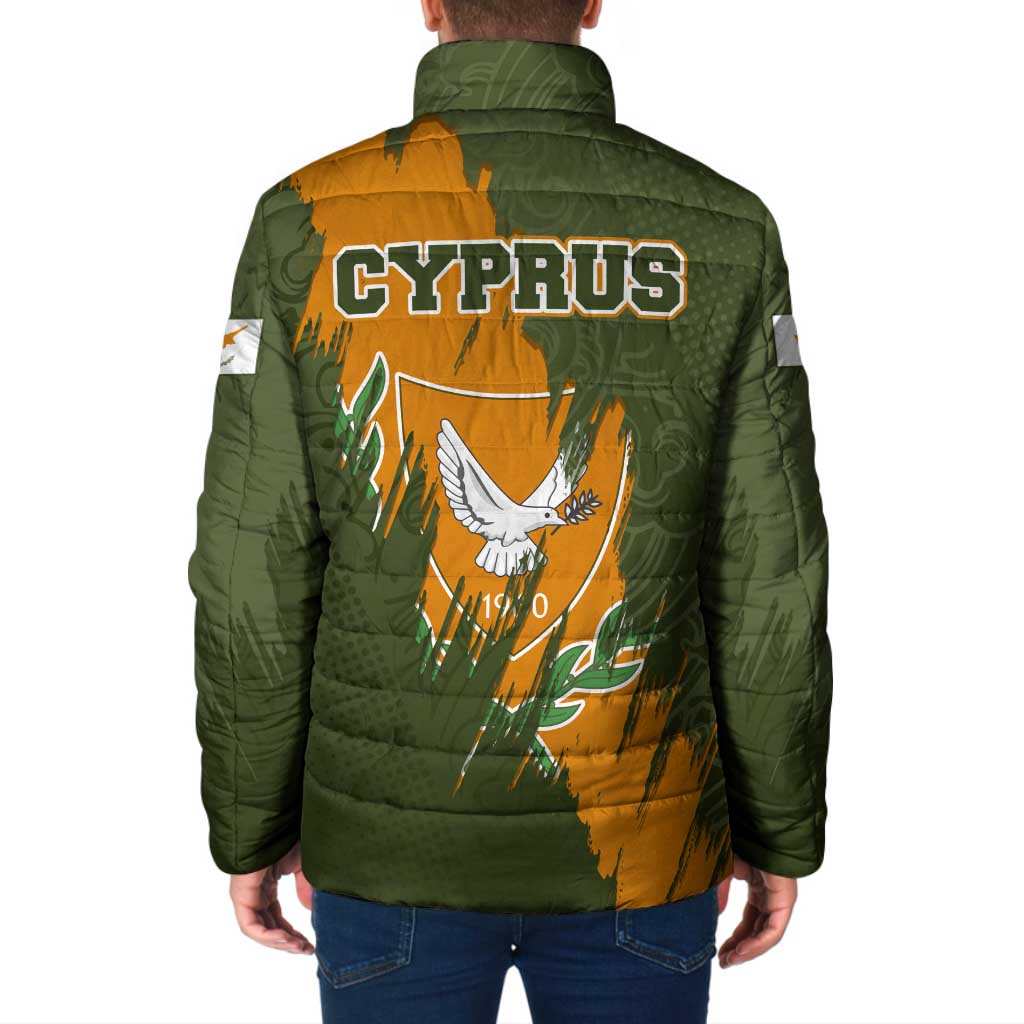 Cyprus Padded Jacket with Green Orange Brushstroke Design and National Emblem - Wonder Print Shop