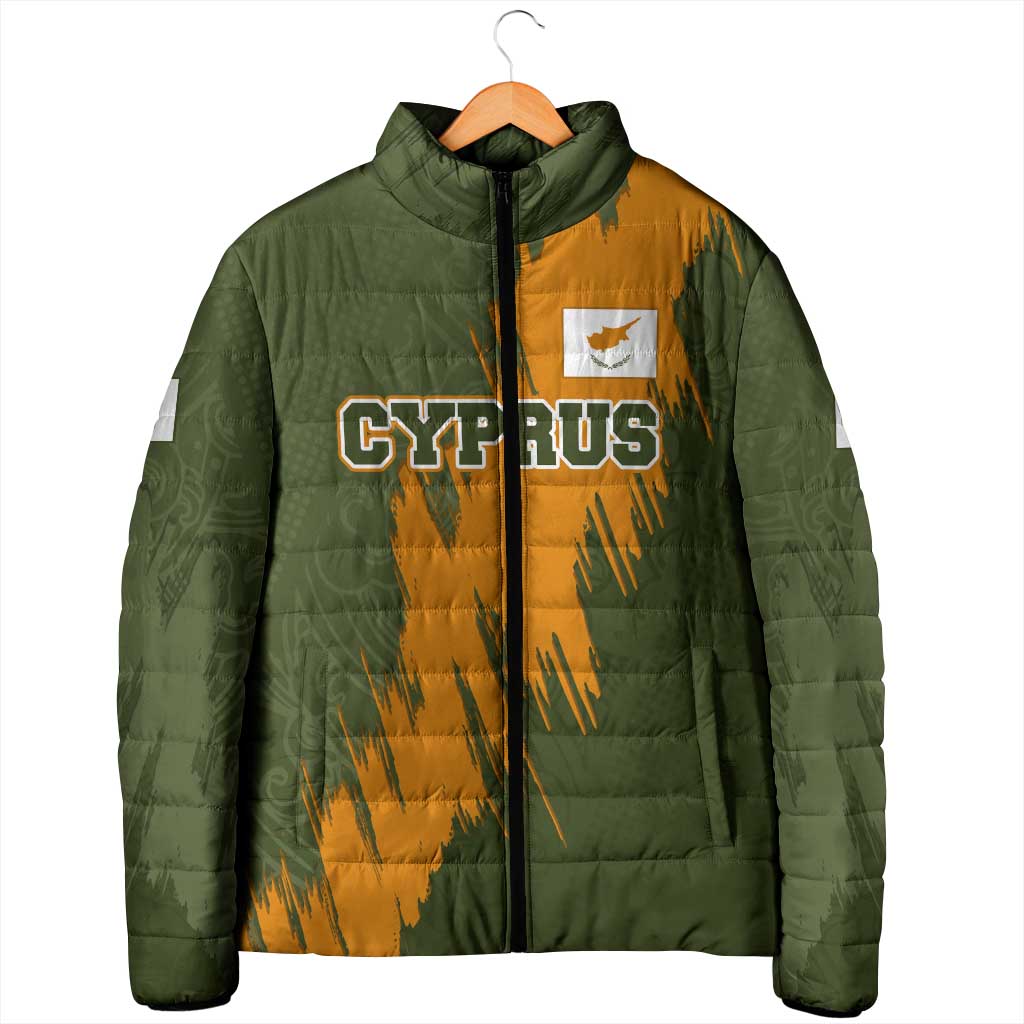 Cyprus Padded Jacket with Green Orange Brushstroke Design and National Emblem - Wonder Print Shop
