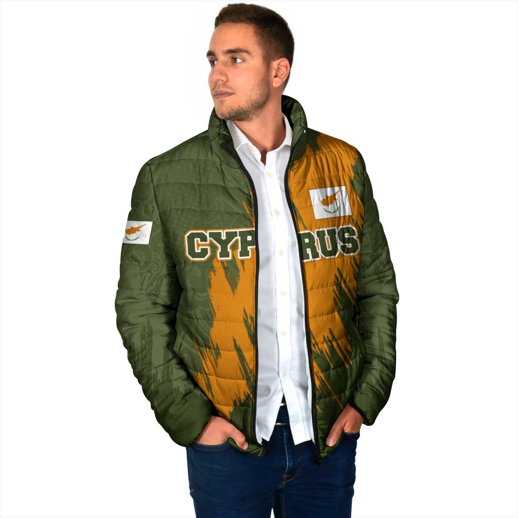 Cyprus Padded Jacket with Green Orange Brushstroke Design and National Emblem - Wonder Print Shop