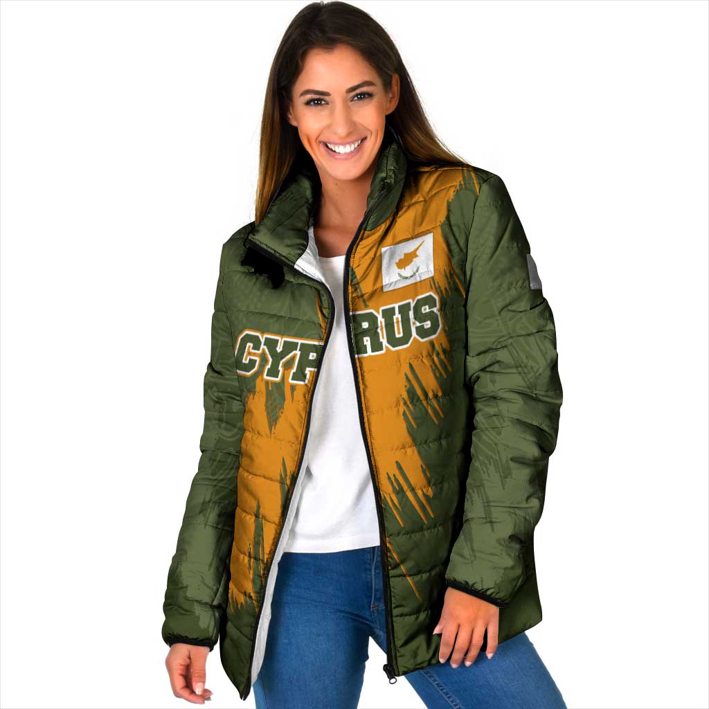 Cyprus Padded Jacket with Green Orange Brushstroke Design and National Emblem - Wonder Print Shop