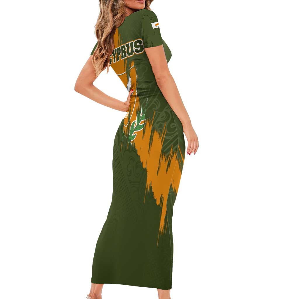 Cyprus Short Sleeve Bodycon Dress with Green Orange Brushstroke Design and National Emblem - Wonder Print Shop